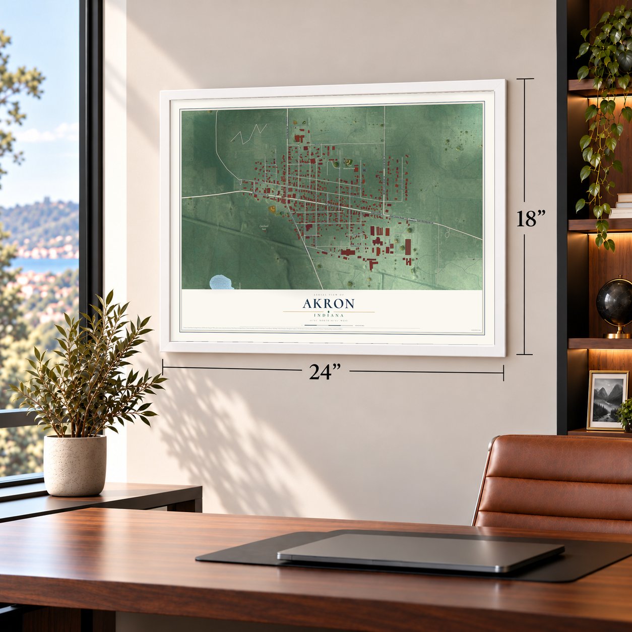 Akron, Indiana map, 18 x 24 inch print in a white frame in a home office
