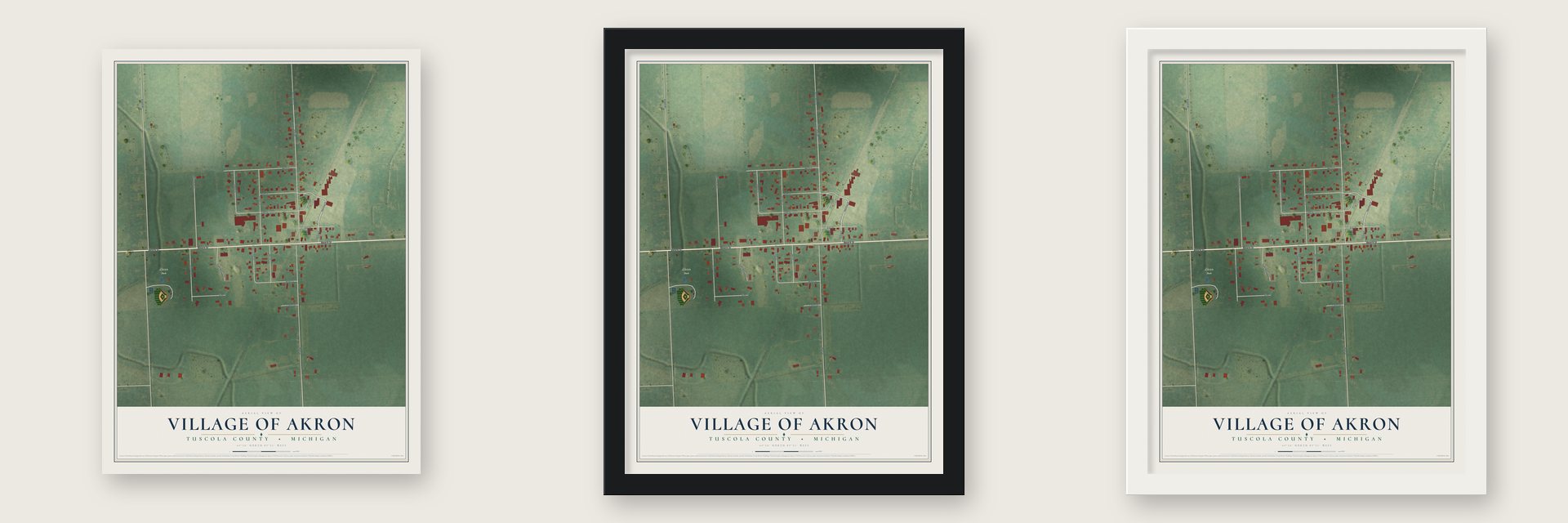 Akron, Michigan map unframed, in a black wood frame and in a white wood frame