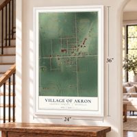 Akron, Michigan map, 24 x 36 inch print in a white frame by a staircase