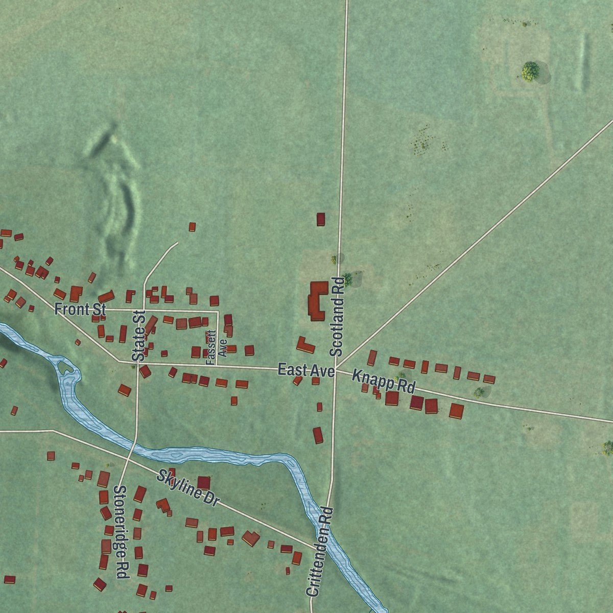 Second close-up of the map of Akron, New York print showing more streets and buildings