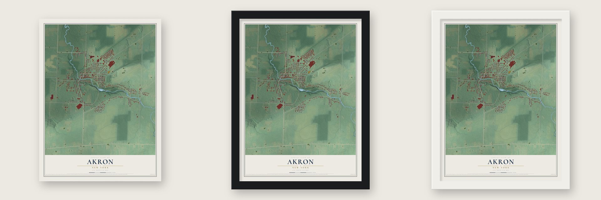 Akron, New York map unframed, in a black wood frame and in a white wood frame
