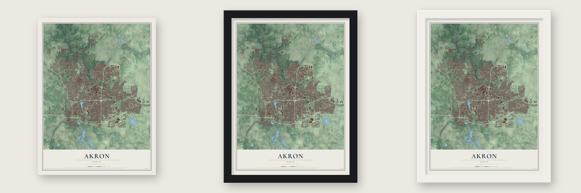 Akron, Ohio map unframed, in a black wood frame and in a white wood frame