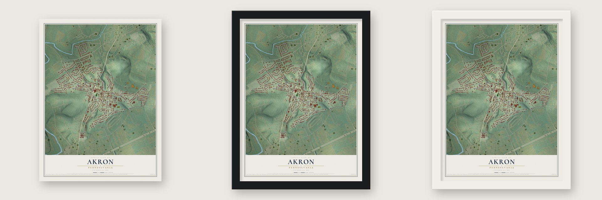 Akron, Pennsylvania map unframed, in a black wood frame and in a white wood frame
