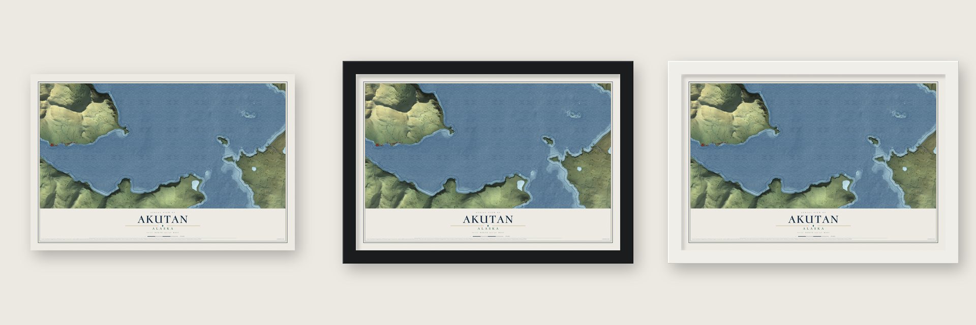 Akutan, Alaska map unframed, in a black wood frame and in a white wood frame