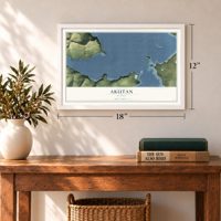 Akutan, Alaska map, 12 x 18 inch print in a white frame in an entryway