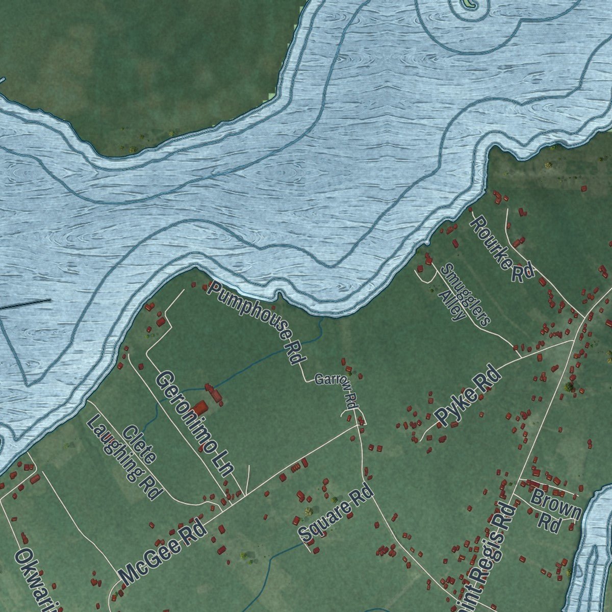 Second close-up of the map of Akwesasne, New York print showing more streets and buildings