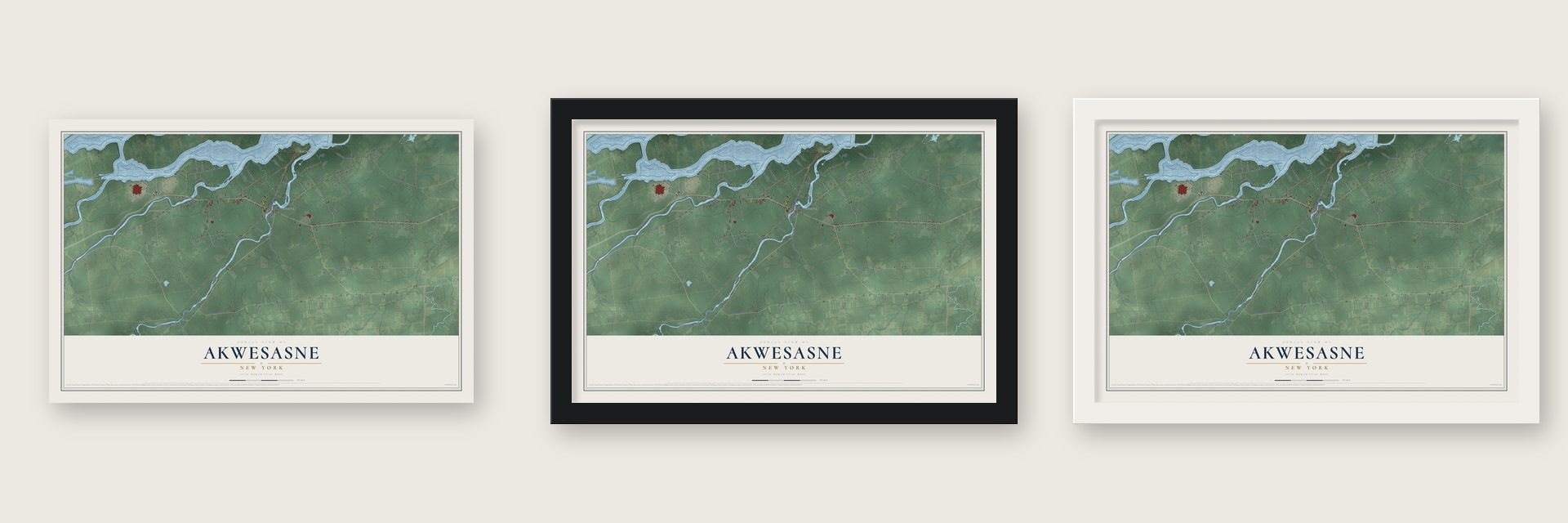 Akwesasne, New York map unframed, in a black wood frame and in a white wood frame