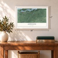 Akwesasne, New York map, 12 x 18 inch print in a white frame in an entryway