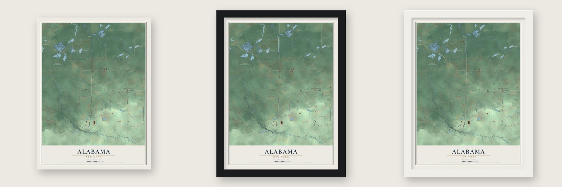 Alabama, New York map unframed, in a black wood frame and in a white wood frame