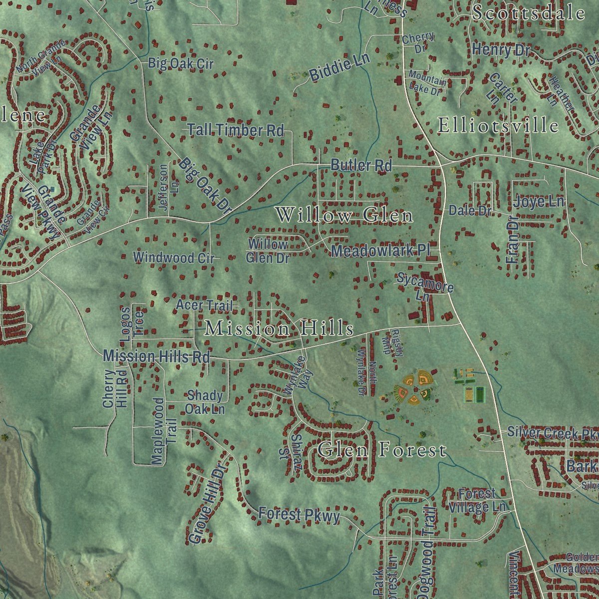 Second close-up of the map of Alabaster, Alabama print showing more streets and buildings