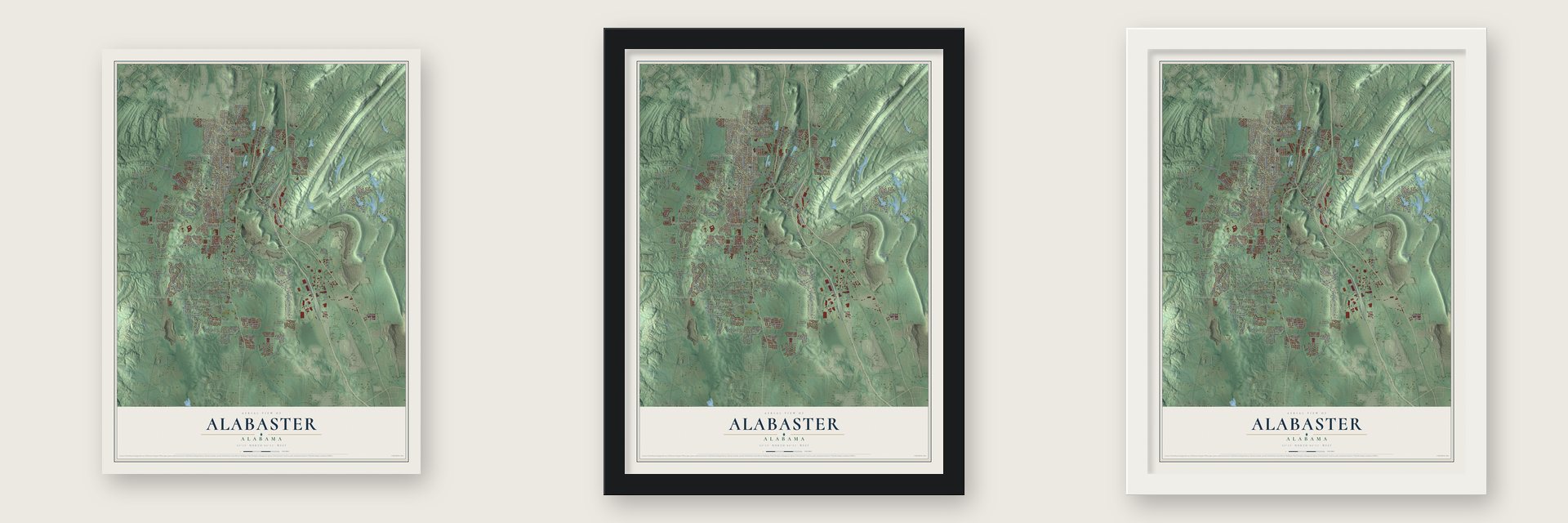 Alabaster, Alabama map unframed, in a black wood frame and in a white wood frame