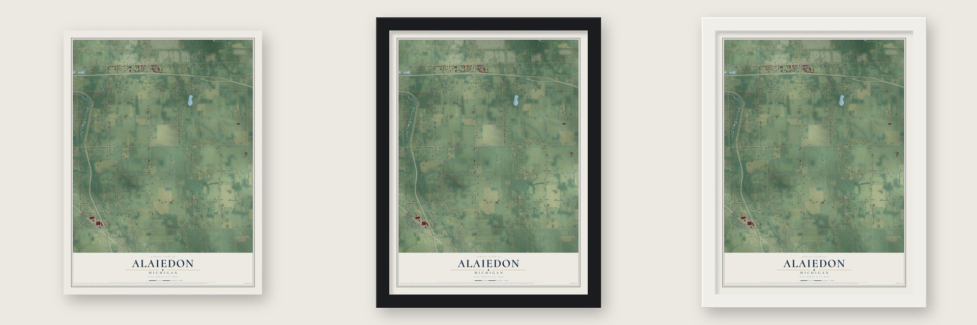 Alaiedon, Michigan map unframed, in a black wood frame and in a white wood frame