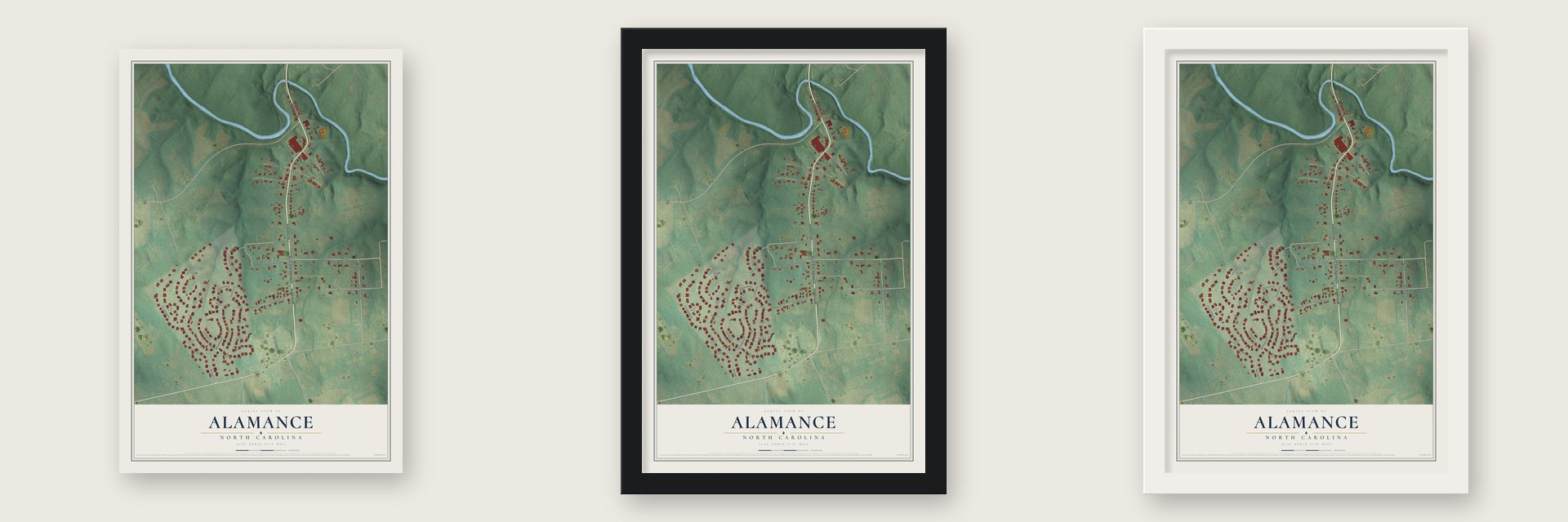 Alamance, North Carolina map unframed, in a black wood frame and in a white wood frame