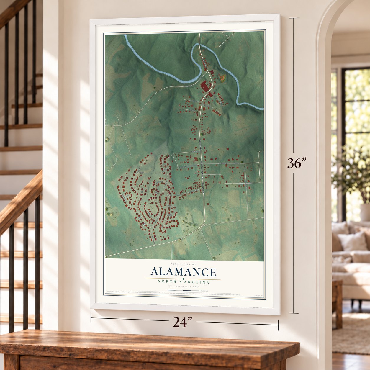 Alamance, North Carolina map, 24 x 36 inch print in a white frame by a staircase