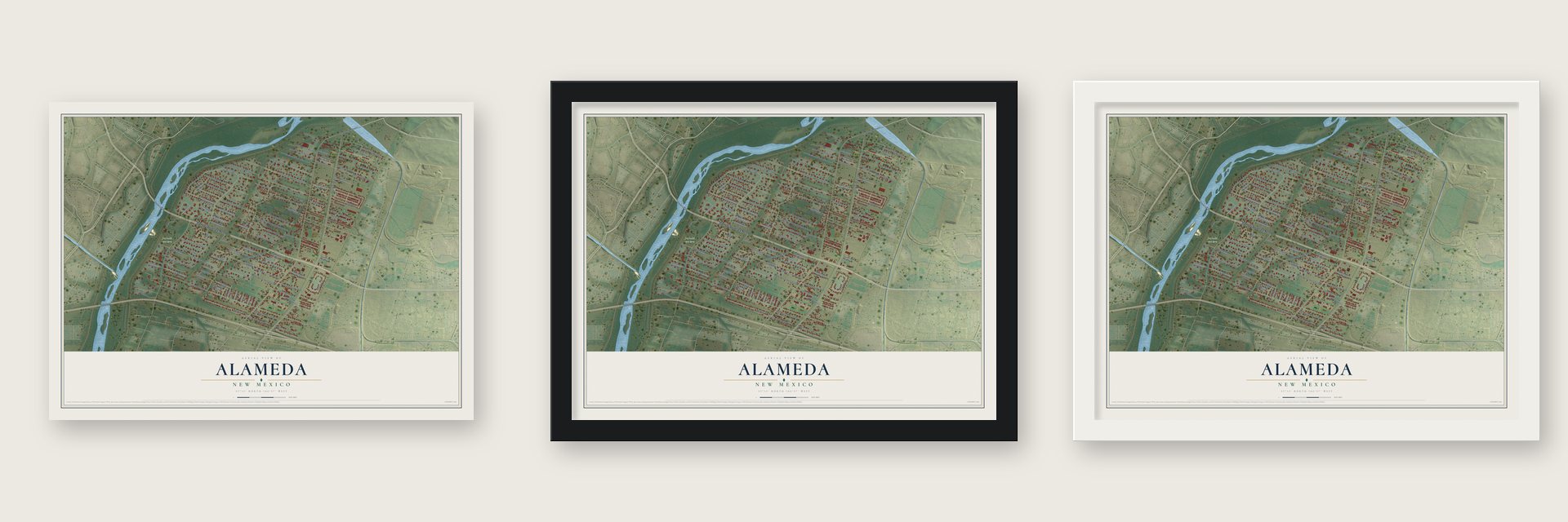 Alameda, New Mexico map unframed, in a black wood frame and in a white wood frame