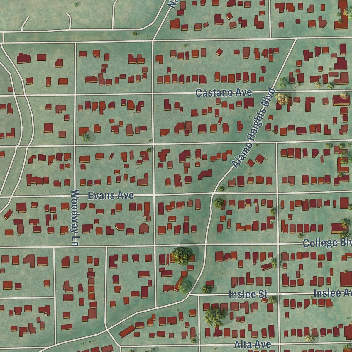 Second close-up of the map of Alamo Heights, Texas print showing more streets and buildings