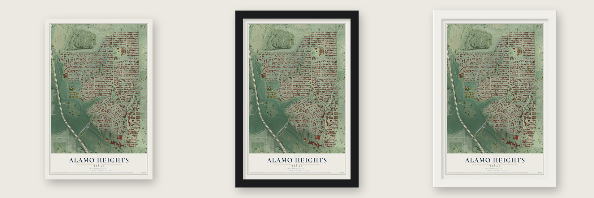 Alamo Heights, Texas map unframed, in a black wood frame and in a white wood frame
