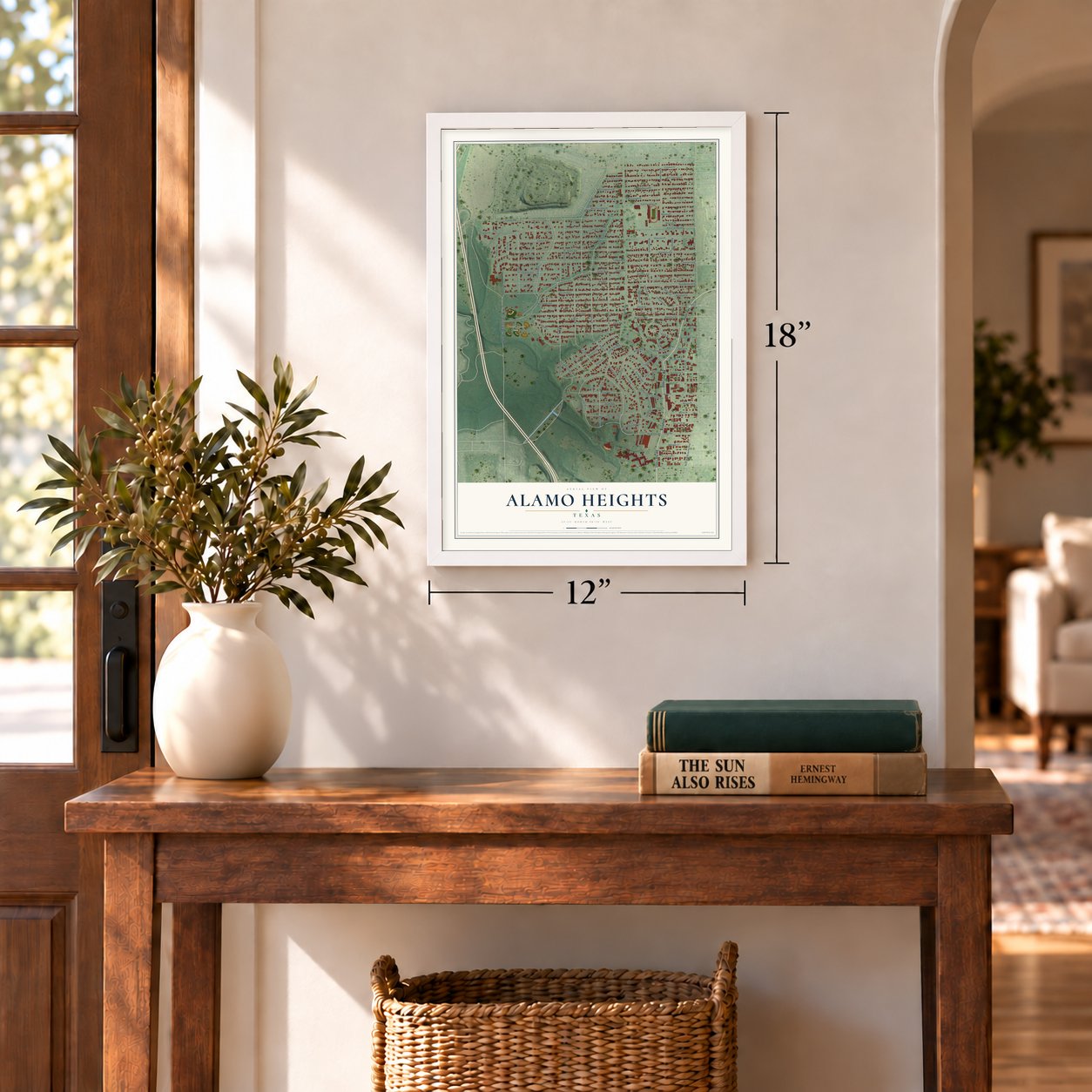 Alamo Heights, Texas map, 12 x 18 inch print in a white frame in an entryway