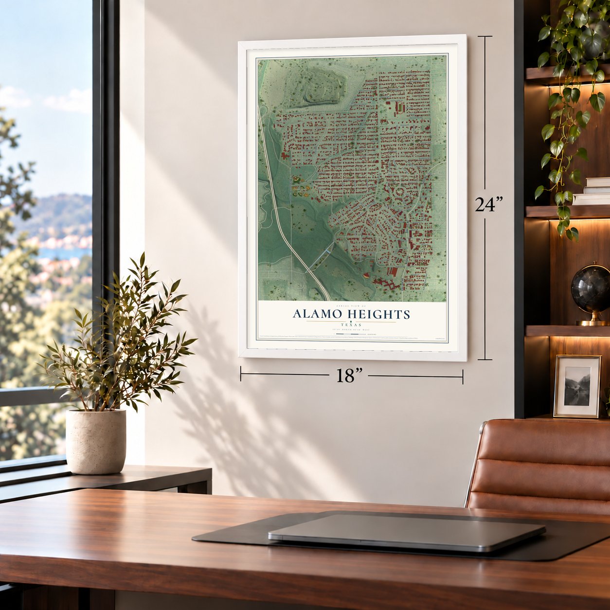 Alamo Heights, Texas map, 18 x 24 inch print in a white frame in a home office