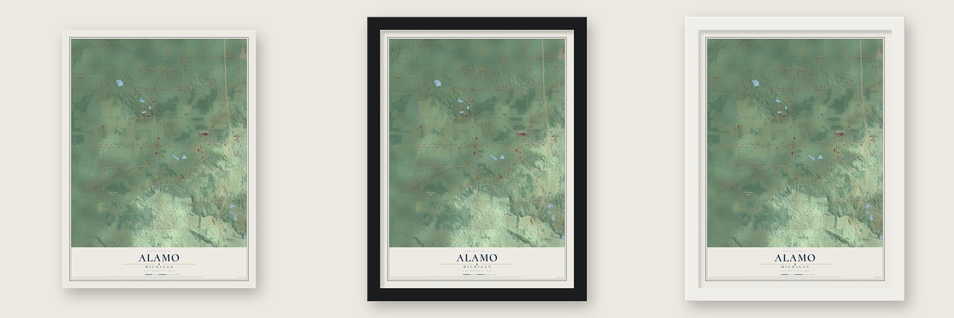 Alamo, Michigan map unframed, in a black wood frame and in a white wood frame