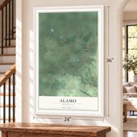 Alamo, Michigan map, 24 x 36 inch print in a white frame by a staircase