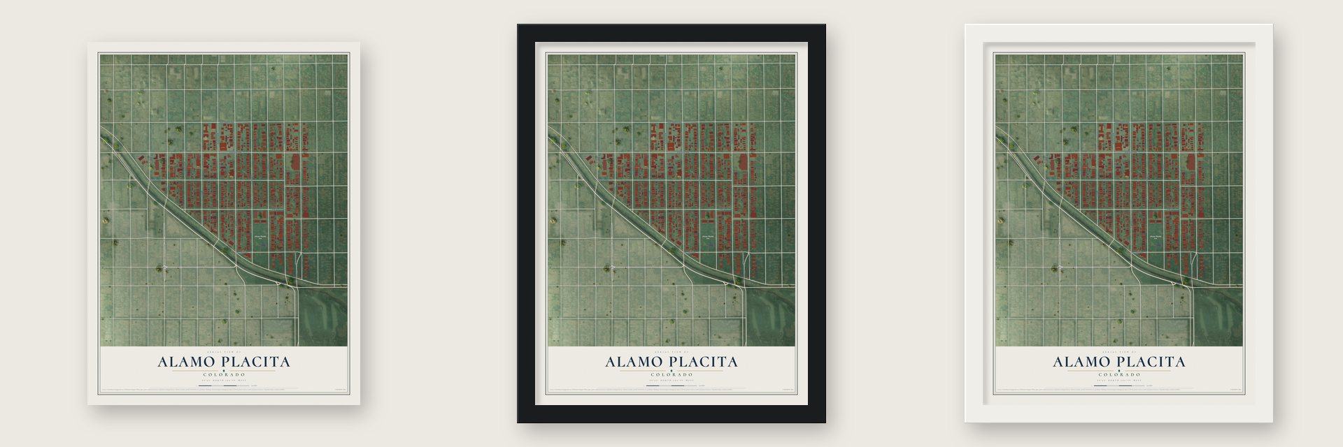 Alamo Placita, Colorado map unframed, in a black wood frame and in a white wood frame