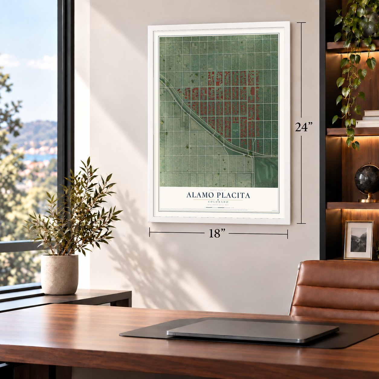 Alamo Placita, Colorado map, 18 x 24 inch print in a white frame in a home office