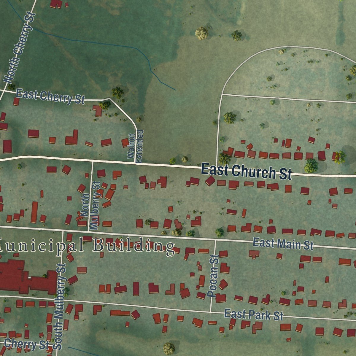 Second close-up of the map of Alamo, Tennessee print showing more streets and buildings