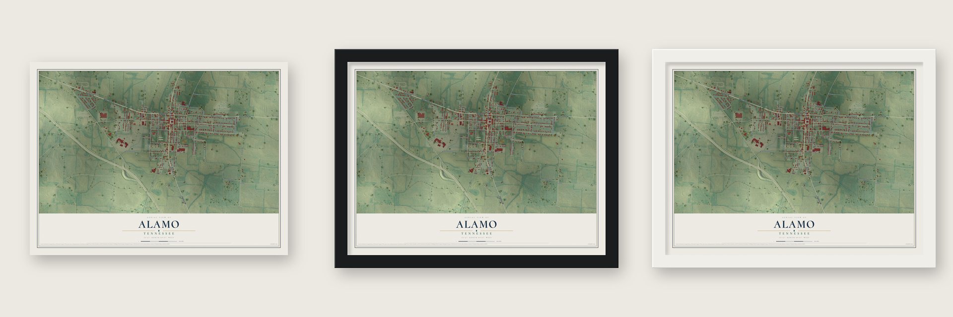 Alamo, Tennessee map unframed, in a black wood frame and in a white wood frame