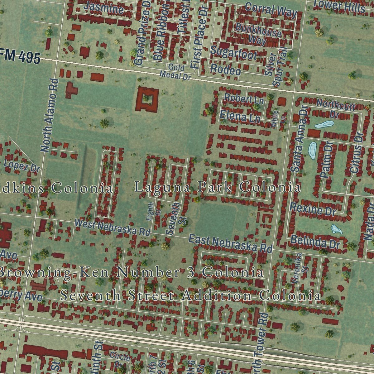 Second close-up of the map of Alamo, Texas print showing more streets and buildings