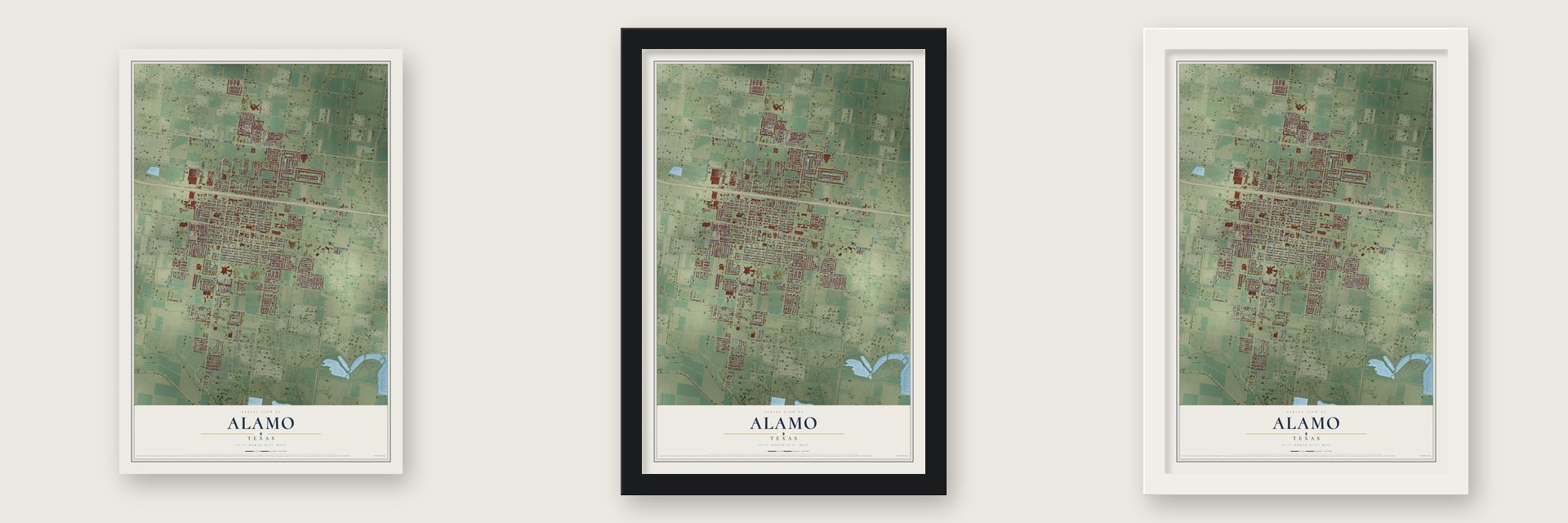 Alamo, Texas map unframed, in a black wood frame and in a white wood frame