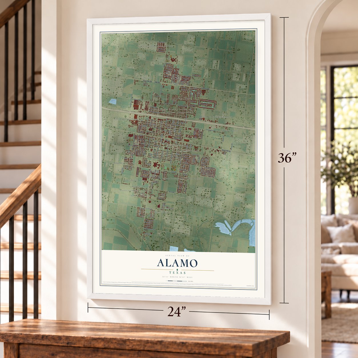 Alamo, Texas map, 24 x 36 inch print in a white frame by a staircase
