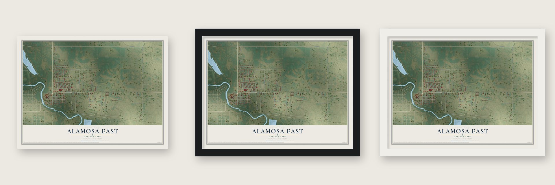 Alamosa East, Colorado map unframed, in a black wood frame and in a white wood frame
