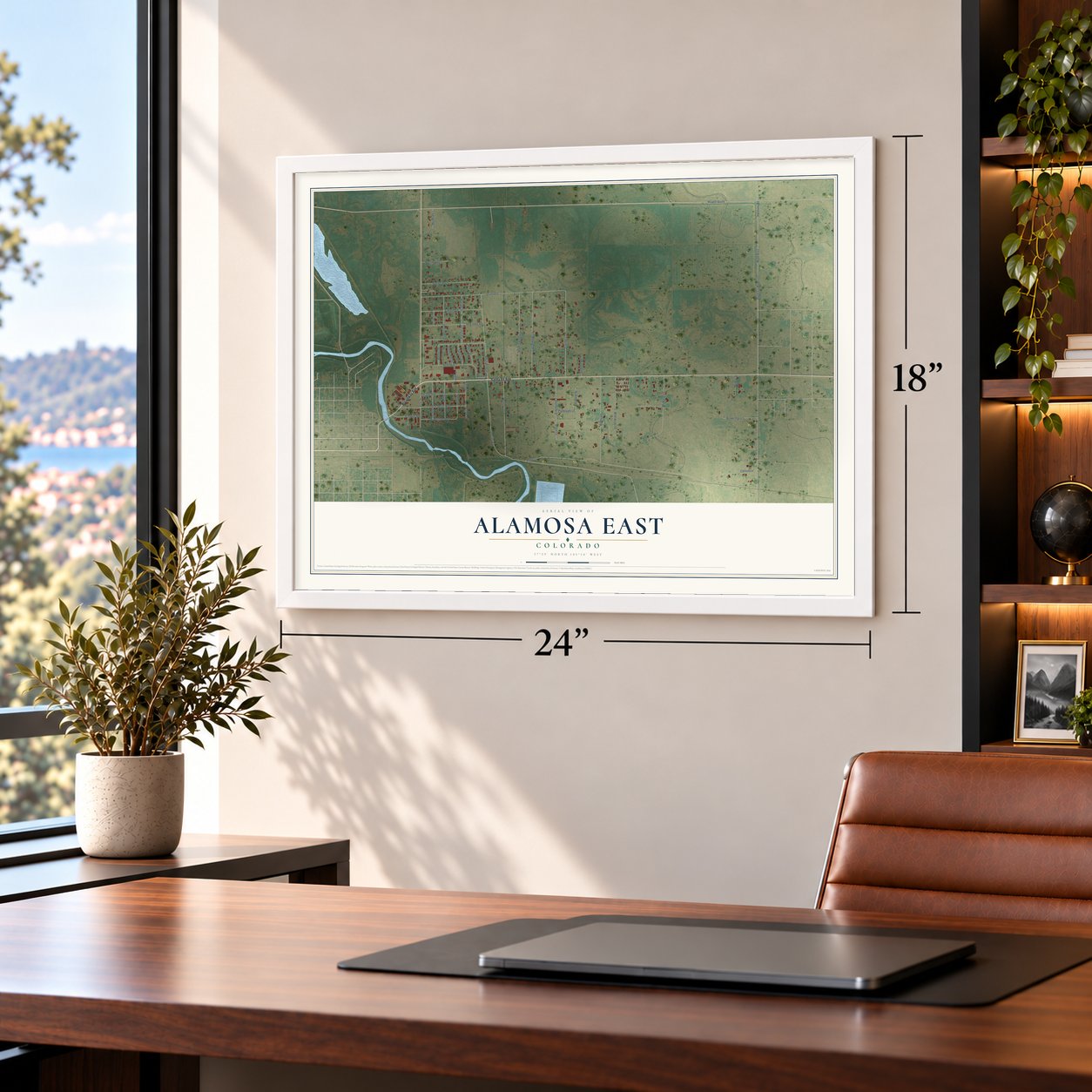 Alamosa East, Colorado map, 18 x 24 inch print in a white frame in a home office