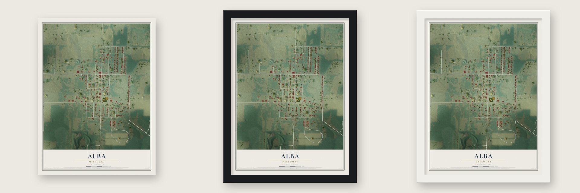 Alba, Missouri map unframed, in a black wood frame and in a white wood frame