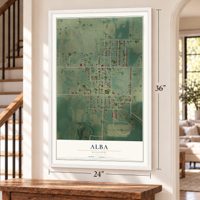 Alba, Missouri map, 24 x 36 inch print in a white frame by a staircase