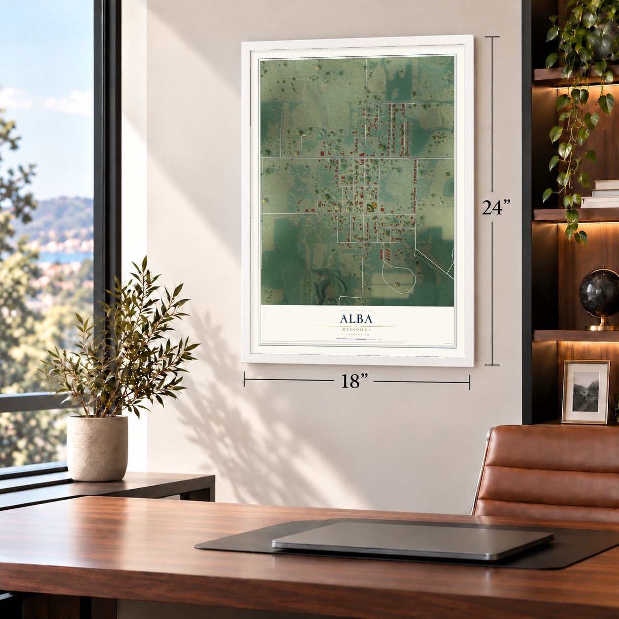 Alba, Missouri map, 18 x 24 inch print in a white frame in a home office