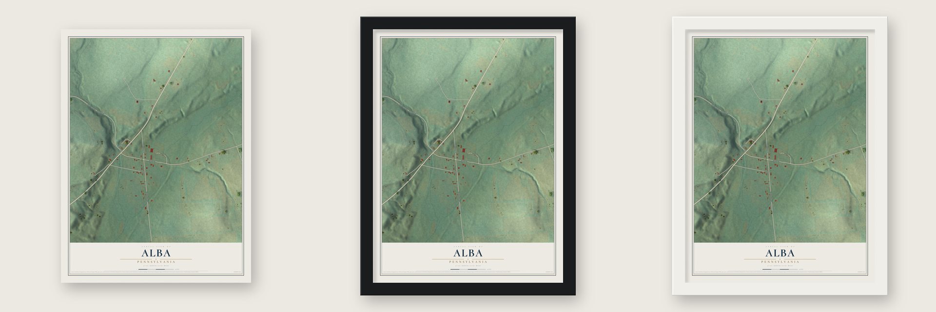 Alba, Pennsylvania map unframed, in a black wood frame and in a white wood frame