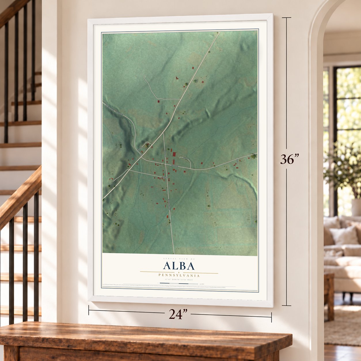 Alba, Pennsylvania map, 24 x 36 inch print in a white frame by a staircase