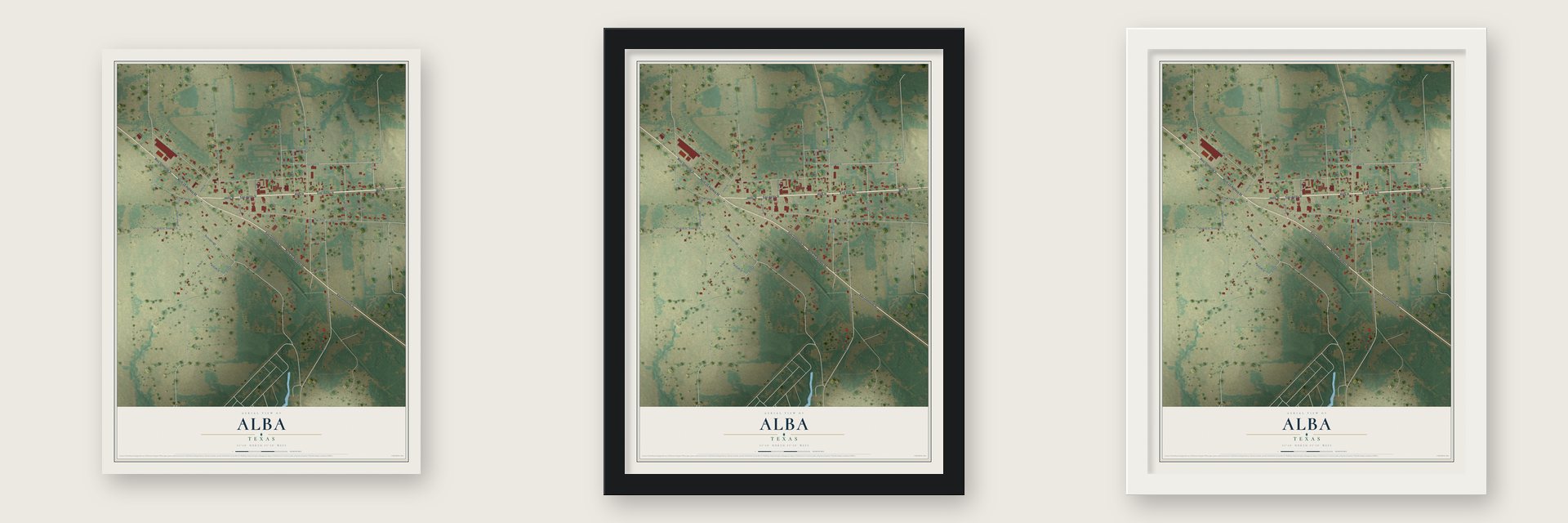 Alba, Texas map unframed, in a black wood frame and in a white wood frame
