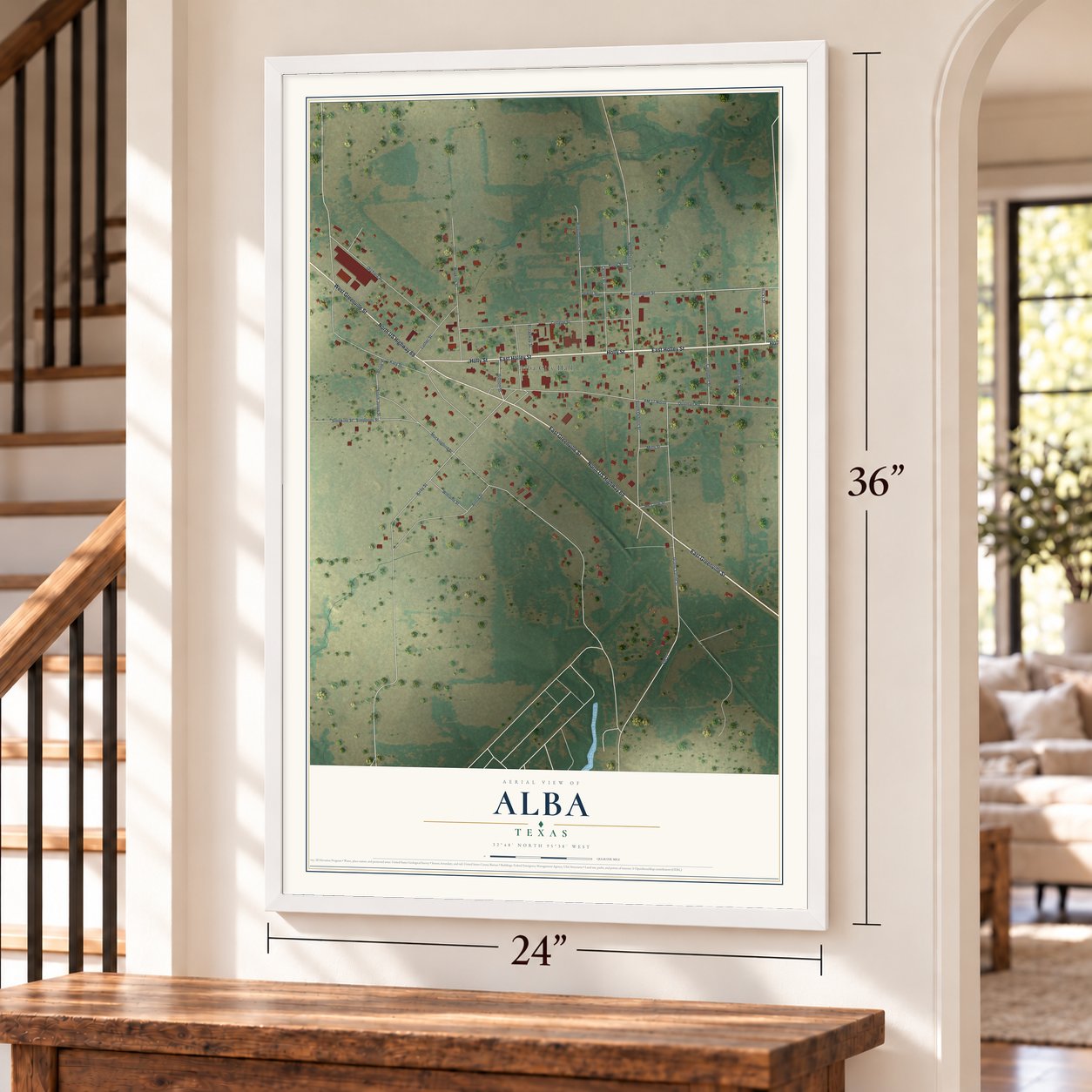 Alba, Texas map, 24 x 36 inch print in a white frame by a staircase