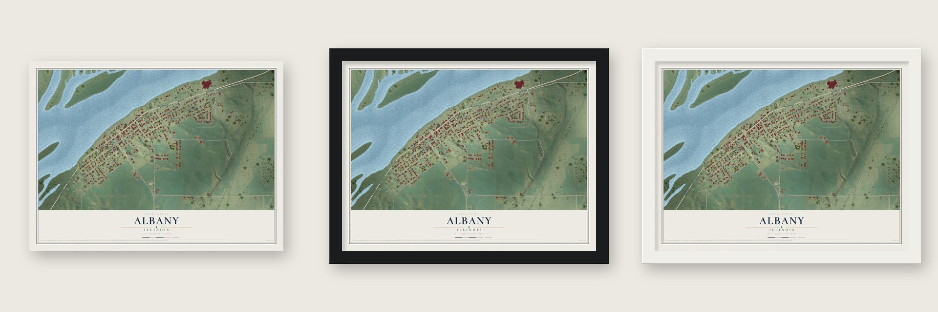 Albany, Illinois map unframed, in a black wood frame and in a white wood frame
