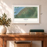 Albany, Illinois map, 12 x 18 inch print in a white frame in an entryway