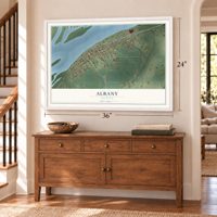 Albany, Illinois map, 24 x 36 inch print in a white frame above a dresser by a staircase