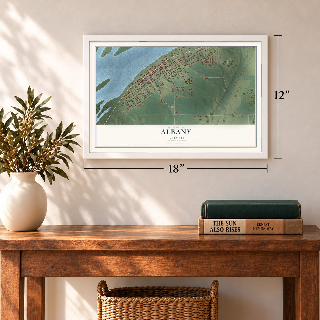 Albany, Illinois map, 12 x 18 inch print in a white frame in an entryway