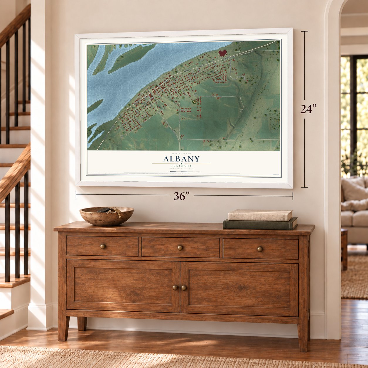 Albany, Illinois map, 24 x 36 inch print in a white frame above a dresser by a staircase