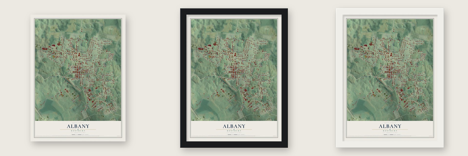 Albany, Kentucky map unframed, in a black wood frame and in a white wood frame
