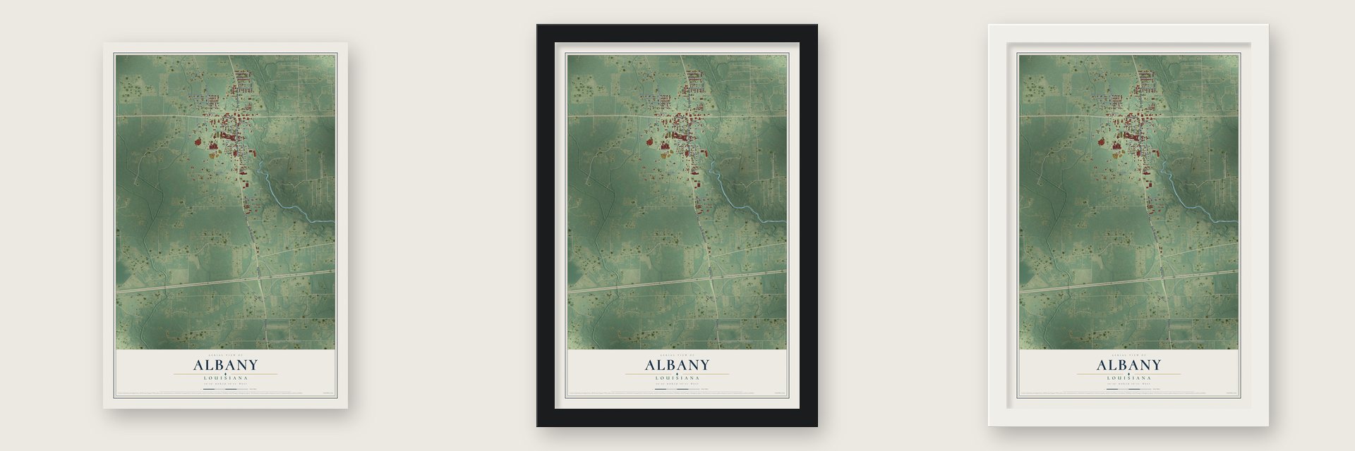 Albany, Louisiana map unframed, in a black wood frame and in a white wood frame