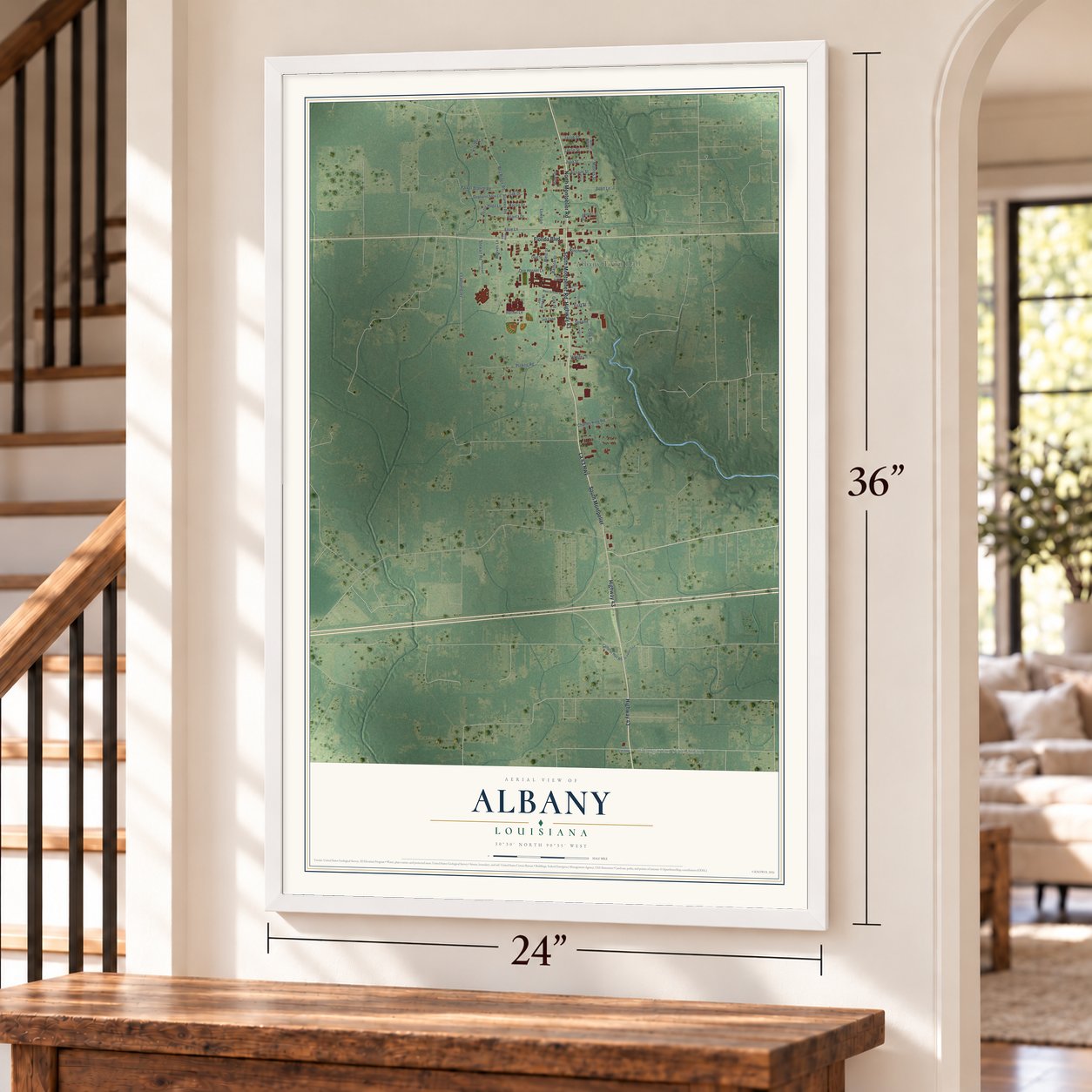 Albany, Louisiana map, 24 x 36 inch print in a white frame by a staircase