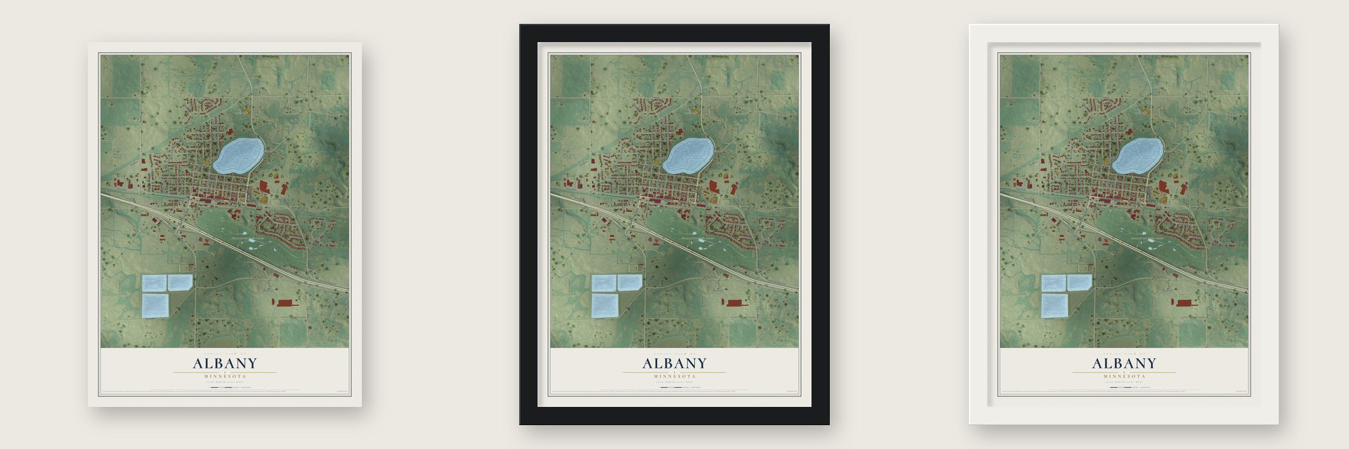 Albany, Minnesota map unframed, in a black wood frame and in a white wood frame